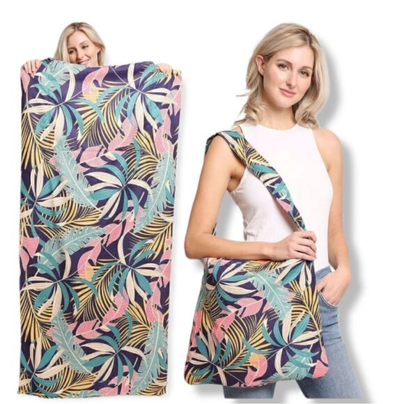 Beach Towel Tote Bag 2 in 1 Tropical Leaves Print - Picture 2 of 10